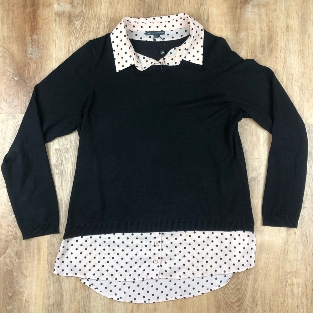 Adrianna Papell Black/Cream Polka Dot Twofer Sweater Long Sleeved Collar Shirt